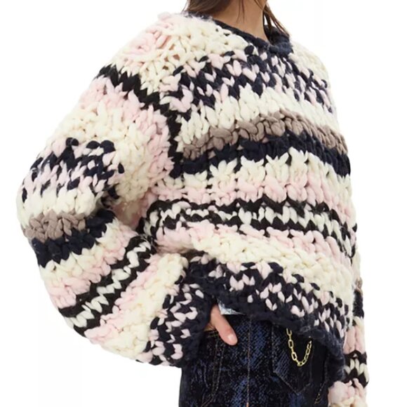 Ganni Striped Chunky Wool Roving Handknit Crewneck Chunky Sweater NEW Small - Picture 6 of 12